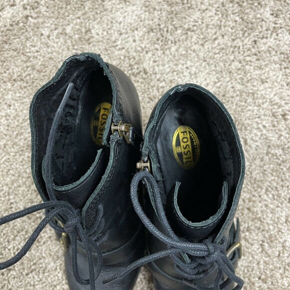 Fossil Charlene Ankle Boots Womens Size 6.5 Black Leather Lace Up Buckle‎ Wedge - Picture 7 of 12
